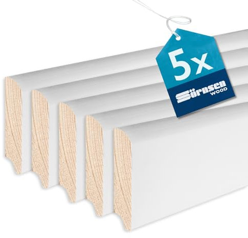 Sörnsen Wood Sockelleiste Kiefer – 12x58x2400 mm, 5 Stück hochwertige Fußleisten mit rundem Profil – weiß RAL 9016 lackiert und damit extra langlebig