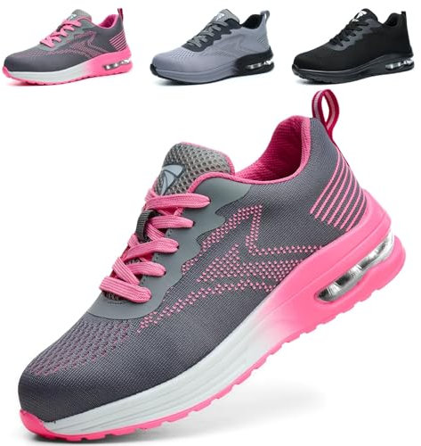 WUAYAMI Sicherheitsschuhe Arbeitsschuhe Herren Damen Leicht Atmungsaktiv Stahlkappenschuhe Sportlich Schutzschuhe rutschfeste mit Stahlkappe Sneaker, Rosa, 38 EU