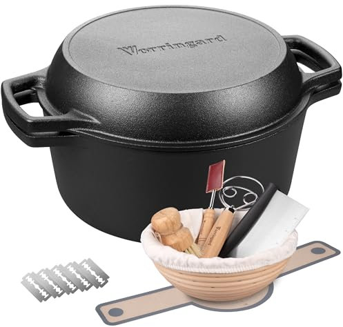 VORRINGARD Pre-seasoned Cast Iron Double Dutch Oven Pot with Skillet Lid, Dual-handle, for Bread Baking, Outdoor, Campfire Cooking, include Sourdough Bread Baking Supplies like Banneton Bread Proofing Basket, 5 Quart