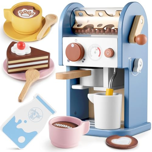 GAGAKU Cafetera infantil de madera con sonido, 15 piezas, juguete para cocina infantil, con sonido, café infantil, cocina, accesorios, molinillo de café, regalos para niños y niñas a partir de 3 años