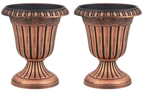 COSTWAY 2 Pack Vintage Planters, 46cm Tall Urn Plastic Flower Pots with Pedestal Base & Pre-marked Drain Hole, Indoor Outdoor Decorative Plant Containers for Front Porch Home Wedding (Bronze)