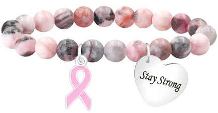 Tobestu Stay Strong Pinkes Zebra-Stein Motivations-Perlenarmband – Edelstahl Herzanhänger mit Schleifen-Design YA6033