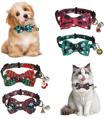 Set 4 Collari Natalizi per Animali – Collare Regolabile con Fiocco e Campanellino per Gatti e Cani, Motivo Scozzese Rosso Verde, Accessori Natale per Animali Domestici