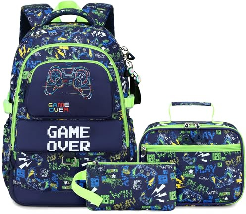 Set di Zaini per Bambini Makukke per Ragazzi, Zaino per la Scuola da Gamer per Adolescenti con Contenitore per Pranzo e Astuccio per Matite per Studenti delle Scuole Elementari e Medie, 15.6inch