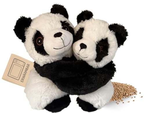 Habibi 2040 Hugys Panda Mama + Baby Friends - Set di 2 cuscini termici per bambini + adulti con miglio rimovibile, per riscaldare, forno a microonde e forno (nero/bianco)