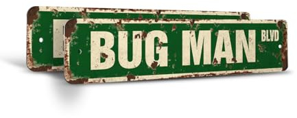 BUG MAN Vintage Style Rustic Street Sign – (2 Pack) Insect Pest Control Exterminator Guy Retro Decorative Wall Sign for Home, Bar, Garage, or Outdoor Use | 4 X 18 Plastic Road Sign