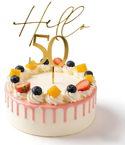 50th Birthday Cake Topper - Acrylic Elegant 'Fifty' Cake Decorations with Non-Slip Base, Reusable Golden Anniversary Party Supplies for Women & Men