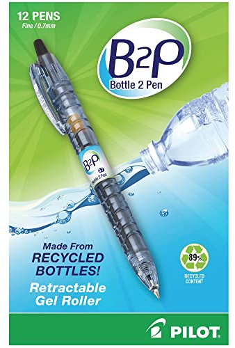 PilotBottle to Pen B2P Retractable Gel Pens, Fine Point, 0.7 mm, 89% Recycled, Translucent Barrel, Black Ink, Pack Of 12