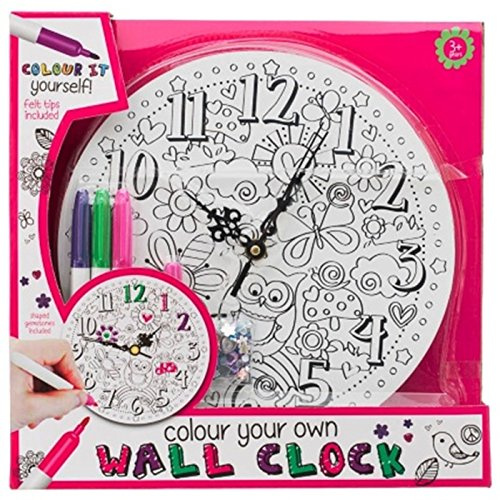 Scotrade Colour Your Own Clock Kit - Pink & White Felt Tip Pens & Shaped Gemstones - Age 5+