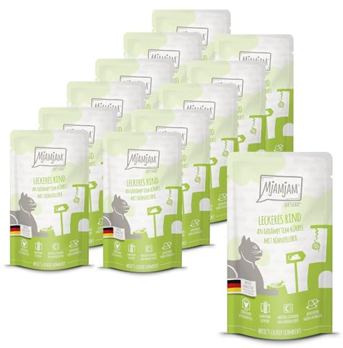 MjAMjAM - nourriture humide premium pour chats - Quetschie - délicieux boeuf au potiron cuit à la vapeur, pack de 12 (12 x 125 g), sans céréales avec un supplément de viande