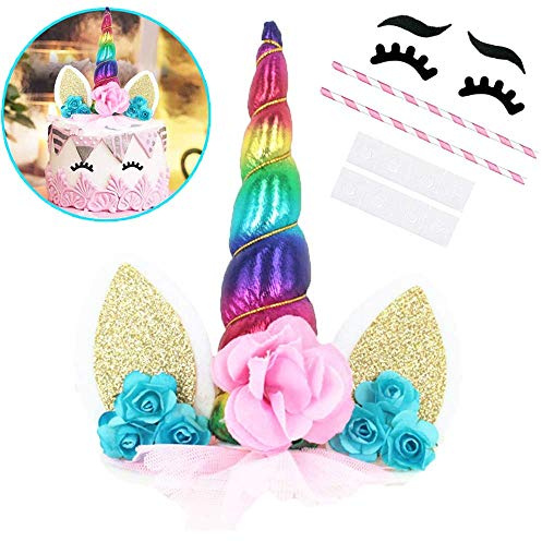 OWill Unicorn Cake Topper with Eyelashes Party Cake Decoration Supplies for Birthday Party Wedding Baby Shower 5.8 inch (Green Flower Multicolour Horn)