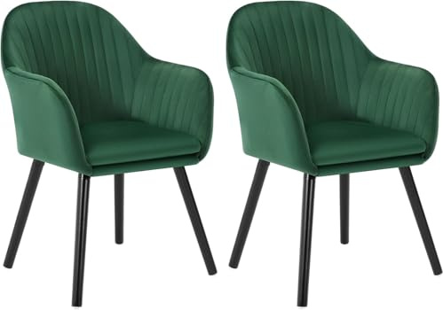 WOLTU Lot de 2 Chaises de Salle à Manger,Velours,Vert Foncé | Fauteuil Rembourré avec Accoudoirs,Pieds en Bois Massif,pour Cuisine Salon Chambre, Charge 150 kg