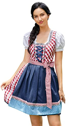 KOJOOIN Women Traditional Dirndl Dress 3 Pieces Midi Dress-Oktoberfest SkirtCostume Fancy Dress,Blouse,Apron Plaid Red M