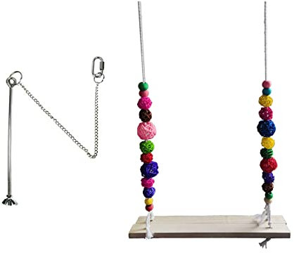 MYSUNBAR Altalena per polli in legno naturale, polli da masticare giocattolo, altalena e gioco, adatta per diversi polli, pappagalli, aras e grandi uccelli, con 1 forchetta per frutta per polli