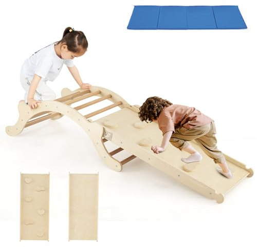 RELAX4LIFE 4 in 1 Arco da Arrampicata Montessori per Bambini, Set di Arrampicata con Scivolo e Cuscino Morbido (Naturale)