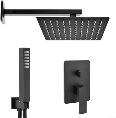 Set doccia a incasso completo nero opaco con deviatore, soffione quadrato 25 cm e kit doccia completo con presa acqua e laccio, KUBO