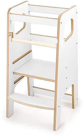 OBUBU Lernturm ab 1 Jahr für Kinder, Montessori Tritthocker mit 2 Stufen und 3-stufige Höhenverstellung, Kinderhocker aus Holzwerkstoff, Hochstuhl Baby Learning Tower, Küche Kinderzimmer, Weiß