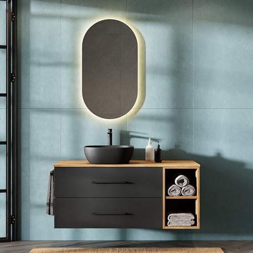Planetmöbel LUX - Set di mobili da bagno con mobiletto da 120 cm, lavabo da appoggio, 42 cm, colore nero, specchio 50 cm (senza LED), mobiletto lavandino dorato rovere/antracite