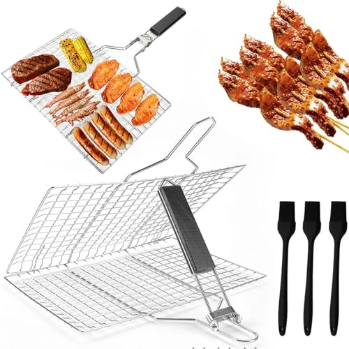 Cesta Para Parrilla De Barbacoa Cesta De Pescado PortáTil, Plegable, Con Mango ExtraíBle Con 3 Cepillos De Silicona, 32x22cm Para Asar Carne, Pescado Y Verduras Por Ambos Lados