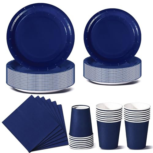 Nkaiso 96 Piezas Azul Oscuro Vajilla Fiesta Cumpleaños, Platos y Vaso Cumpleaños Infantil, Set de Party Decoración Platos Desechable Servilletas para Navidad, Barbacoas, Fiestas -24 Invitado