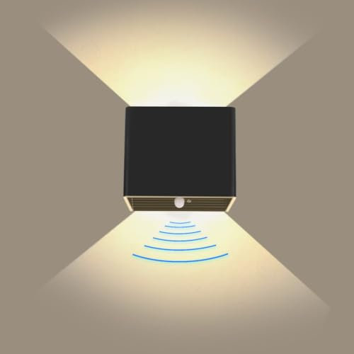 URAQT Aplique Pared Interior con Sensor de Movimiento, 5W USB Recargable LED Lámpara de Pared Sin cable con Interruptor, 4000mAh Aplique de Pared LED Magnético, para Sala de Estar Dormitorio (Negro)
