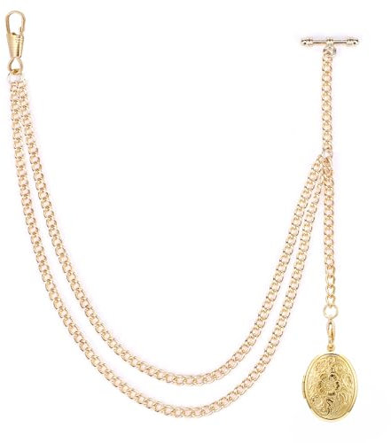 ManChDa Pocket Watch Chains For Men - Pocket Watches Chain With Locket Pendant, Pocket Watch And Chain, Albert Chain Curb Link T-Bar Chain 2 Hook Antique Fob T Bar For Men Gold