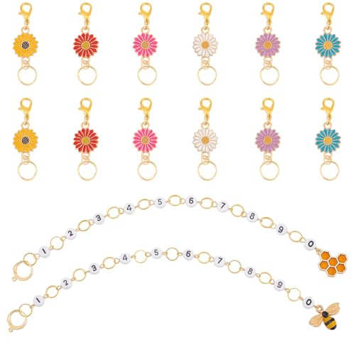 UNICRAFTALE 12pcs Colorful Daisy Stitch Markers 2pcs Bee Knitting Row Counter Chains Alloy Enamel Crochet Stitch Marker Locking with Removable Lobster Clasp Ring for DIY Handmade Gift