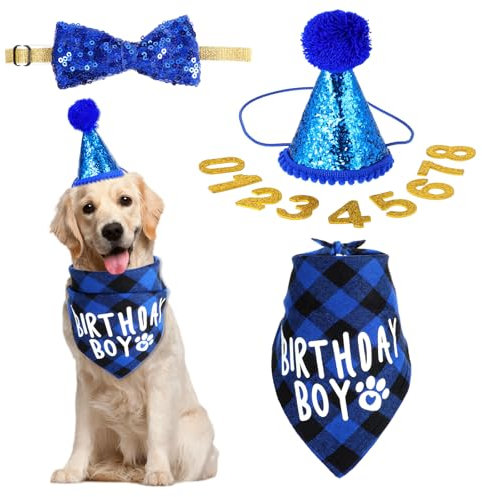 JJUNW Suministros de fiesta de cumpleaños para perro, pañuelo triangular para tartas, sombrero de fiesta, collar con corbatín para perros grandes, medianos y pequeños