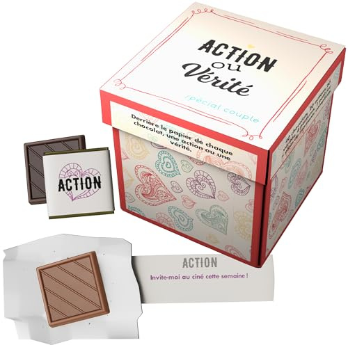 Boîte de 40 Carrés de Chocolat Individuels Action ou Vérité Spécial Saint-Valentin - Coffret Gourmand de Chocolats au Lait et Noir à Offrir - 100% Pur Beurre de Cacao - Fabriqué en France - 200 Gr