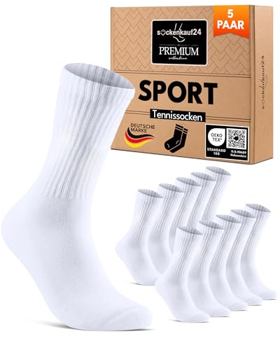 sockenkauf24 Calcetines Deportivos Hombre Blanco 47-50 Largos Calcetines Tenis Algodón Transpirable Acolchado 5 Pares Calcetines Premium Crew Socks