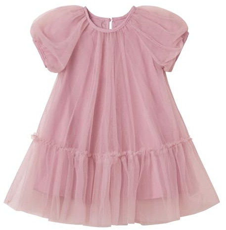 Ugitopi - Abito in tulle per ragazze con fodera in cotone – Elegante abito da festa A-line con maniche a palloncino, gonna a strati multiplo e comfort per bambine attive, Rosa (Dusty Rose), 2 Anni