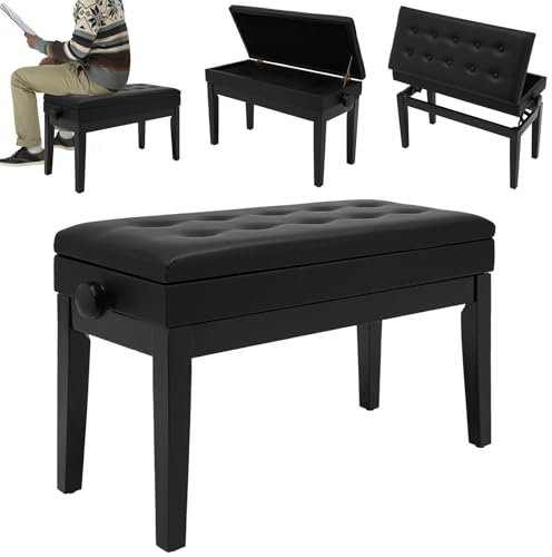 DHQCQL Tabouret de piano réglable en hauteur avec boîte de rangement 73 x 33 x (46-56) cm Chaise de piano avec coussin en cuir synthétique pour 2 personnes Noir