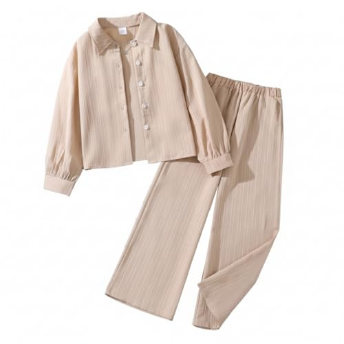 JiAmy Completo da ragazza testurizzato con camicia con bottoni e pantaloni a gamba larga, set casual autunnale, 2 pezzi, tuta per 7-12 anni, Marrone chiaro, 11-12 Years