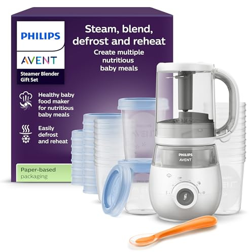 Philips Avent Steamer Blender Gift Set - EasyPappa 4 in 1, cuoci a vapore, frulla, scongela e riscalda facilmente le pappe, con vasetti e coperchi, SCF883/20