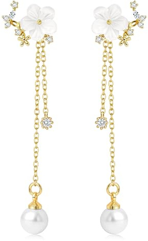 FANCH Boucles D'oreilles Pendantes Femmes Filles Plaquées Or 14K Chaîne Boucles D'oreilles de Fleur Perle de Mariage à Long Fil pour Mariées Helix Piercing Oreille Déclaration Zircon Cubique Bijoux Or