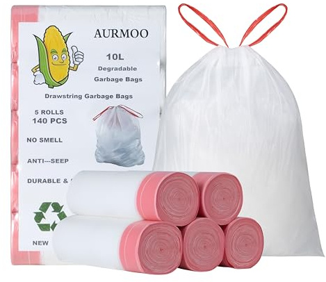 AURMOO Soppåse 10L med Dragband, Müllbeutel, Biologiskt Nedbrytbara Soppåsar med Dragsnöre, Droppsäker Sopsäckar, Bioavfallspåsar, 140 Stycken(B45XH50cm, Vit)