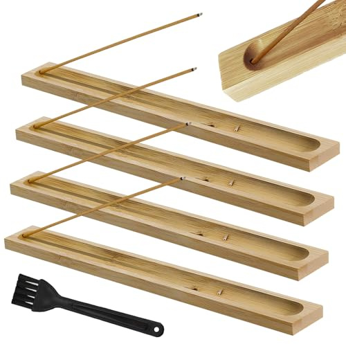 4 Pezzi Porta Incenso in Legno Di Bambù, Porta Incenso Per Bastoncini con 1 Spazzola per La Pulizia, Pratico Portaincenso per Candele Yoga Meditazione, Aromaterapia, Decorazione, Profumate
