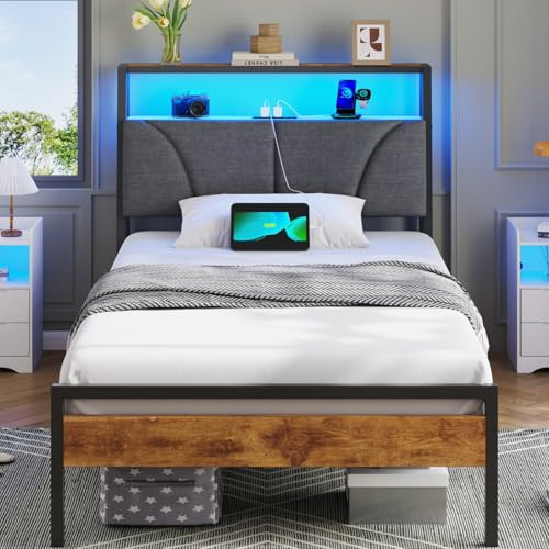 Brinlawb Single Bed Frame with Charging Station (2 AC Sockets, 1 USB‑A, 1 Type‑C Port) and LED Lights, 90x190 cm Stable Metal Bed Frame with Upholstered Headboard & 2-Tier Open Storage Shelves, Grey