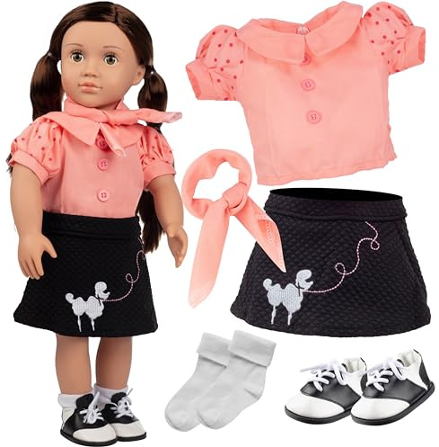 Dress Along Dolly Poodle Skirt Doll Outfit - Compatible w American Girl 18 Dolls (5 Piece Set) - 1950's Costume Clothes Set Includes Scarf, Skirt, Shirt, Socks & Saddle Shoes- Easter Basket Stuffer
