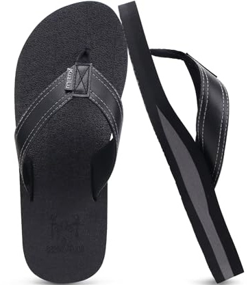 KuaiLu Infradito Uomo Estive Comode Pelle Ciabatte Infradito Supporto Arco Plantare Sandali Infradito Spiaggia Piscina Flip Flop Cuoio Mare Leggere Antiscivolo Gomma Suole nero 48