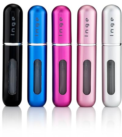 Inge Perfume Atomiser Set 5PCS – Refillable Travel Size Spray Bottles for Aftershave or Fragrance – Compact 5ml Mini Atomisers for Men & Women – Pocket-Sized and Easy to Refill
