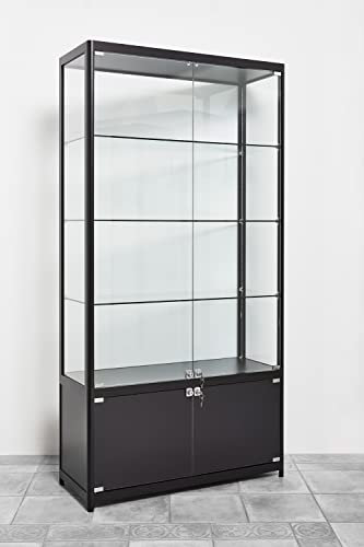 Glasvitrine + Unterschrank, schwarze Alu-Profile, inkl. LED-Beleuchtung B100xH198xT40cm | Verkaufsvitrine ESG-Sicherheitsglas abschließbar | Showroom-Vitrine 4 Ebenen Geschäftsvitrine Schmuckvitrine