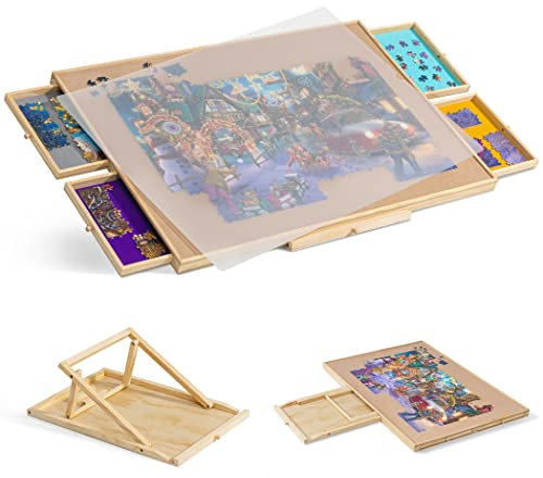 Tektalk Jigsaw Puzzle Table with Integrated Adjustable Stand/Bracket and Removable Cover, Wooden Portable Puzzle Board with 4 Sorting Drawers, for Up to 1000/1500 Pieces (Up to 1500 Pieces)