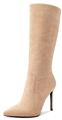 Aachcol Damen Mid Calf Stiefel Stiletto Hoher High Absatz Heel Geschlossene Spitze Zehenkappe Reißverschluss Klassisch 10 CM Beige Wildleder 35 EU