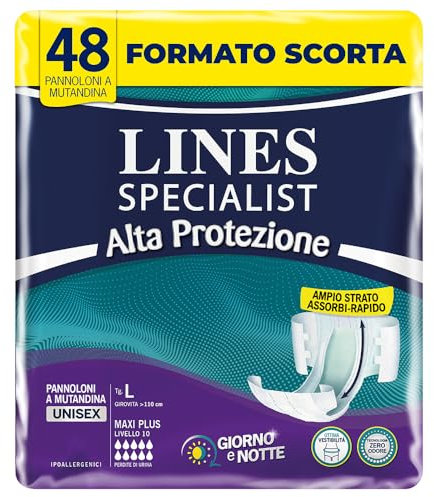 Lines Specialist Pannolone a Mutandina Maxi Plus per Incontinenza Donna e Uomo, Alta Protezione fino a 12 ore, Zero Odore, Taglia L, Scorta Mensile, Confezione da 48 Unità