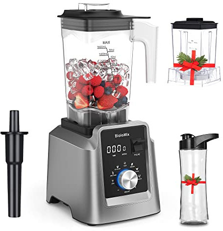 BioloMix Batidora de alto rendimiento de 2200 W, función de autolimpieza, recipiente de 2 L y vaso de viaje de 600 ml, sin BPA. Batidora de batidos (T5600, gris)