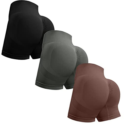OVESPORT Pantaloncini da Allenamento da Donna, 3 Pezzi, Senza Cuciture, per Sollevamento del Sedere, a Vita Alta, per Yoga, Palestra, Corsa, Pantaloni Corti, S