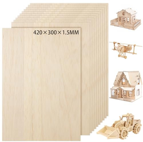 10 Pack 420 x 300mm Basswood Sheets, 1.5MM Craft Plywood Sheets, Plywood Board Thin Wood Board Sheets, Unfinished Wood Boards for Crafts, Hobby, Model Making, Wood Burning