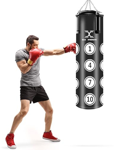 MAXSTRENGTH Punch Bag for Boxing Training – 3FT 4FT FILLED Heavy Bags With Hanging Chain - Ideal for Kickboxing Muay Thai Punching Grappling Martial Arts MMA (Black, 3FT Punch Bag)