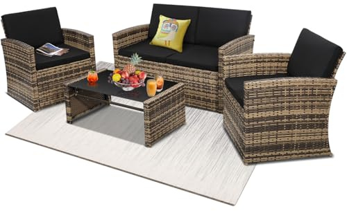 KROFEM 4-Piece Patio Furniture Set, Wicker Outdoor Rattan Sectional Sofa with Cushions and Glass Table, All-Weather Outdoor Conversation Set for Garden, Porch, Backyard, Patio, Black